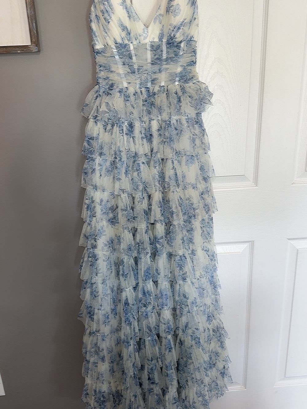 Girls Blue and White Floral Ruffle Dress